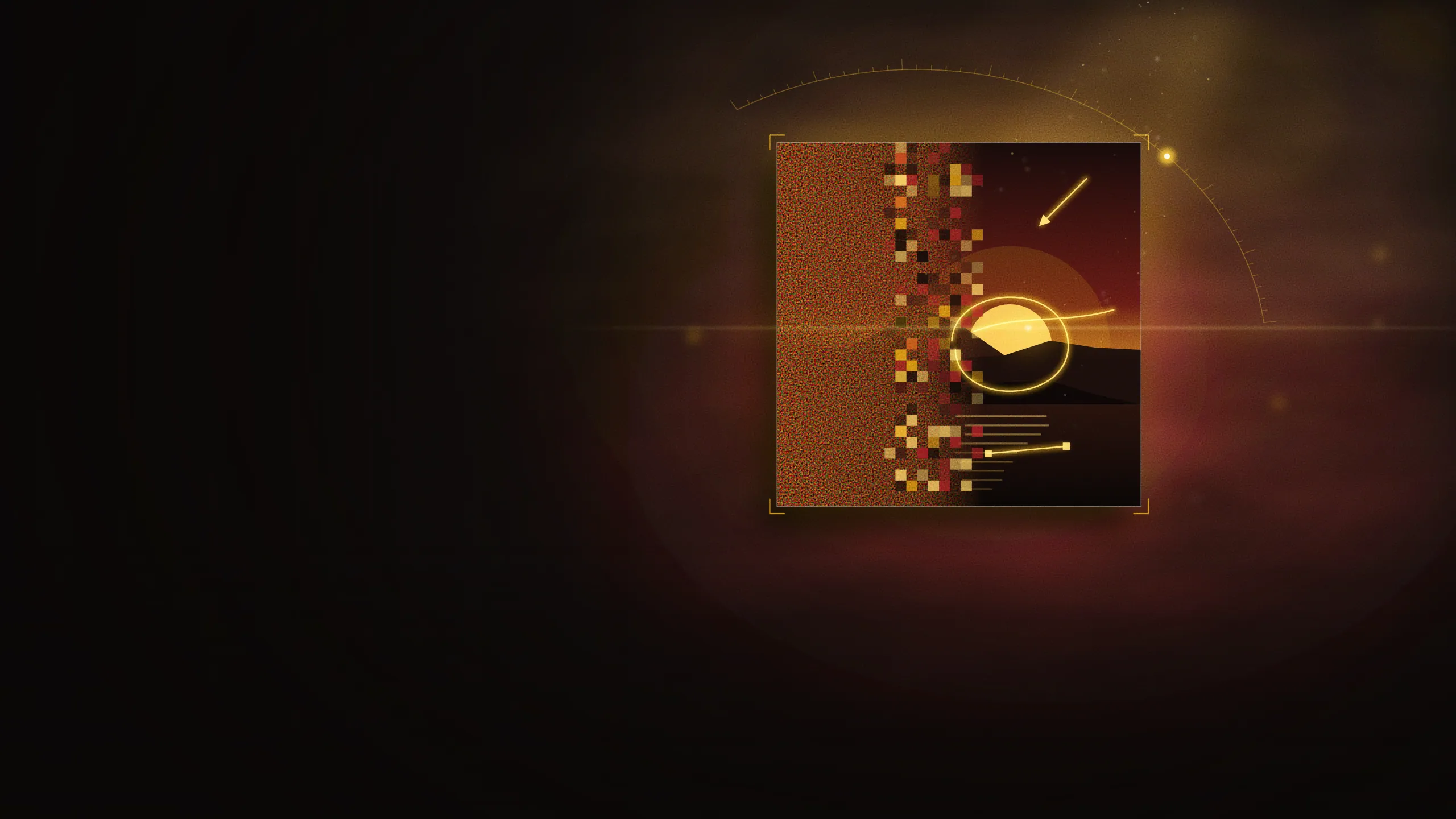 Abstract illustration for the Generative AI for Creators course: a single image tile caught mid-refinement, one half still diffusing into noise and the other half resolved and hand-corrected, the corrections marked in fine gold strokes.