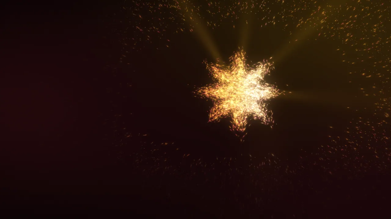 Four beams of gold light converging on a cloud of gold and crimson light particles caught mid-transformation, on a warm-black field.
