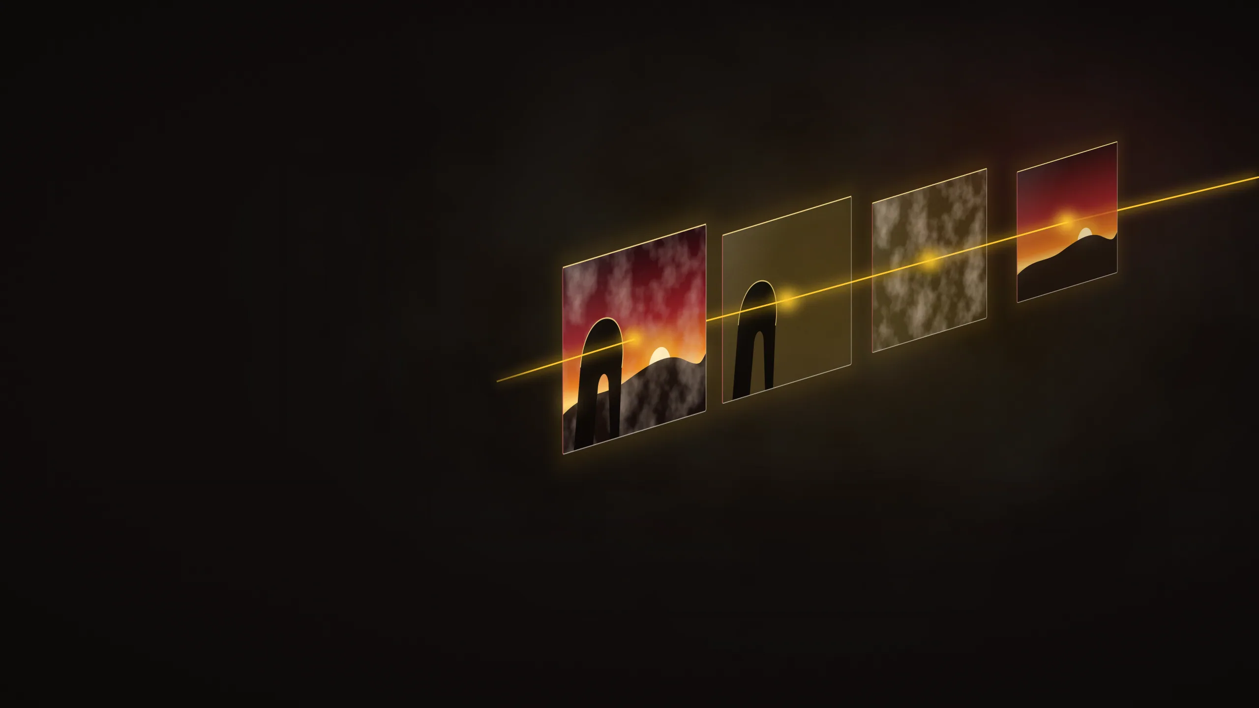 A cinematic frame separated into floating layers aligned like panes of glass, threaded by a gold line. Illustration for the Advance Compositing short course.