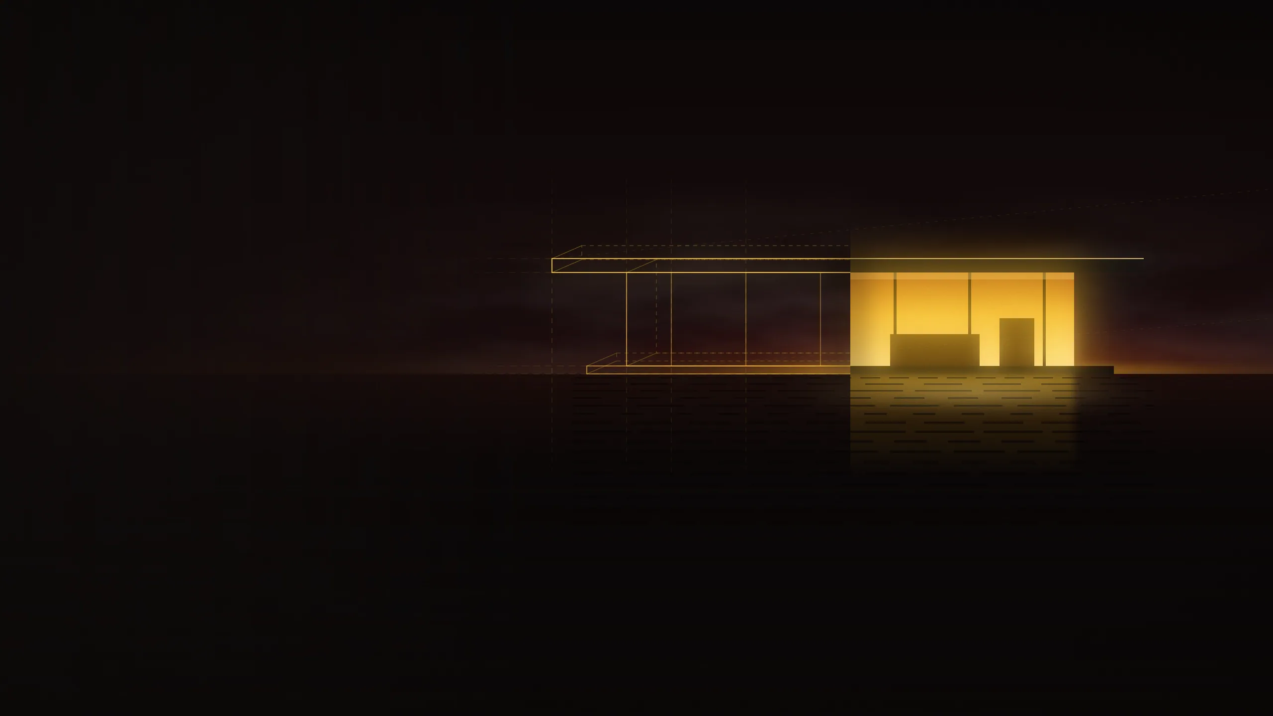 A modern pavilion at dusk, half wireframe and half fully rendered, warm light spilling onto a reflecting pool. Illustration for the 3ds Max Pro short course.