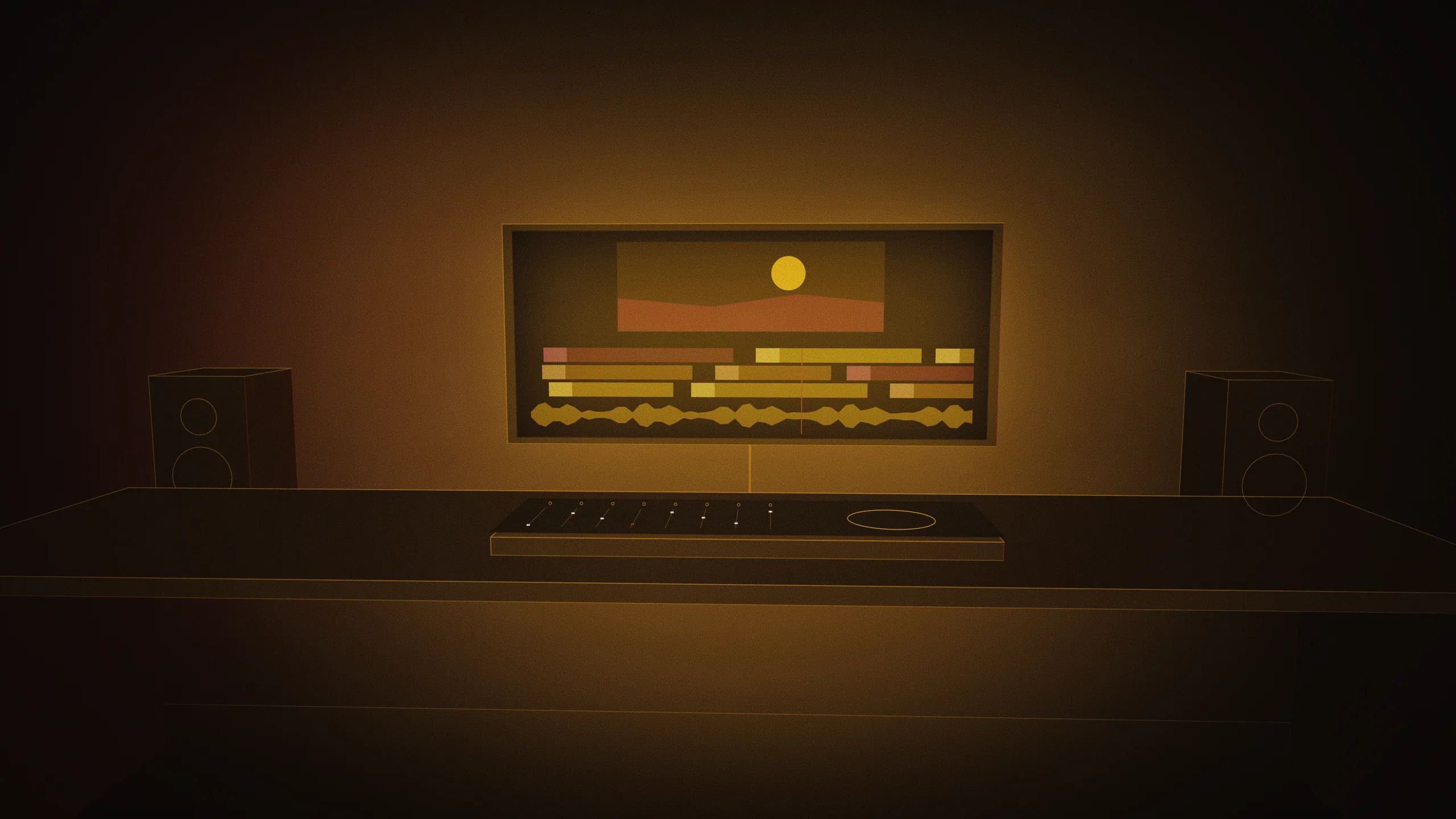 Concept illustration of the planned motion graphics & editing bay: a wide monitor of abstract timeline bars, a control surface and studio monitors in warm light. Drawn as an abstract, warm-lit light study; not a photograph of the centre.