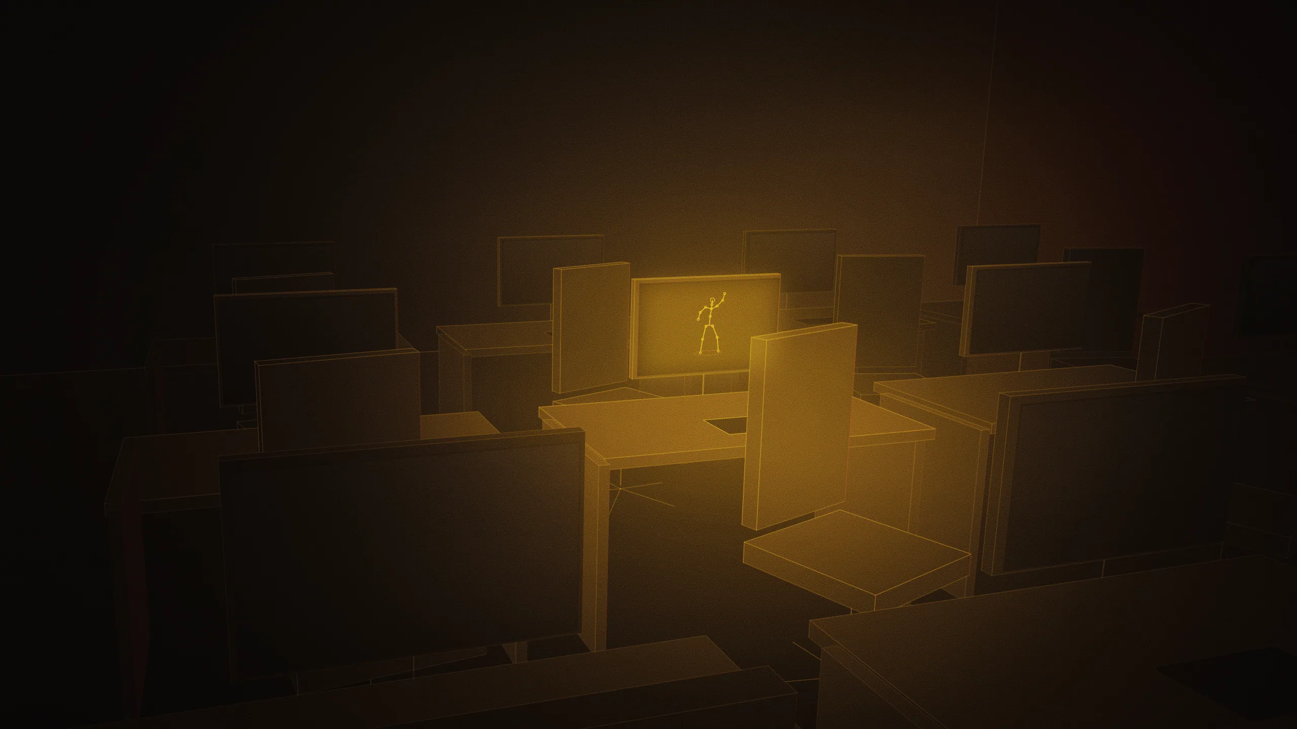 Concept illustration of the planned 3D animation lab: rows of workstations with pen tablets, one monitor glowing with an abstract gold character rig. Drawn as an abstract, warm-lit light study; not a photograph of the centre.