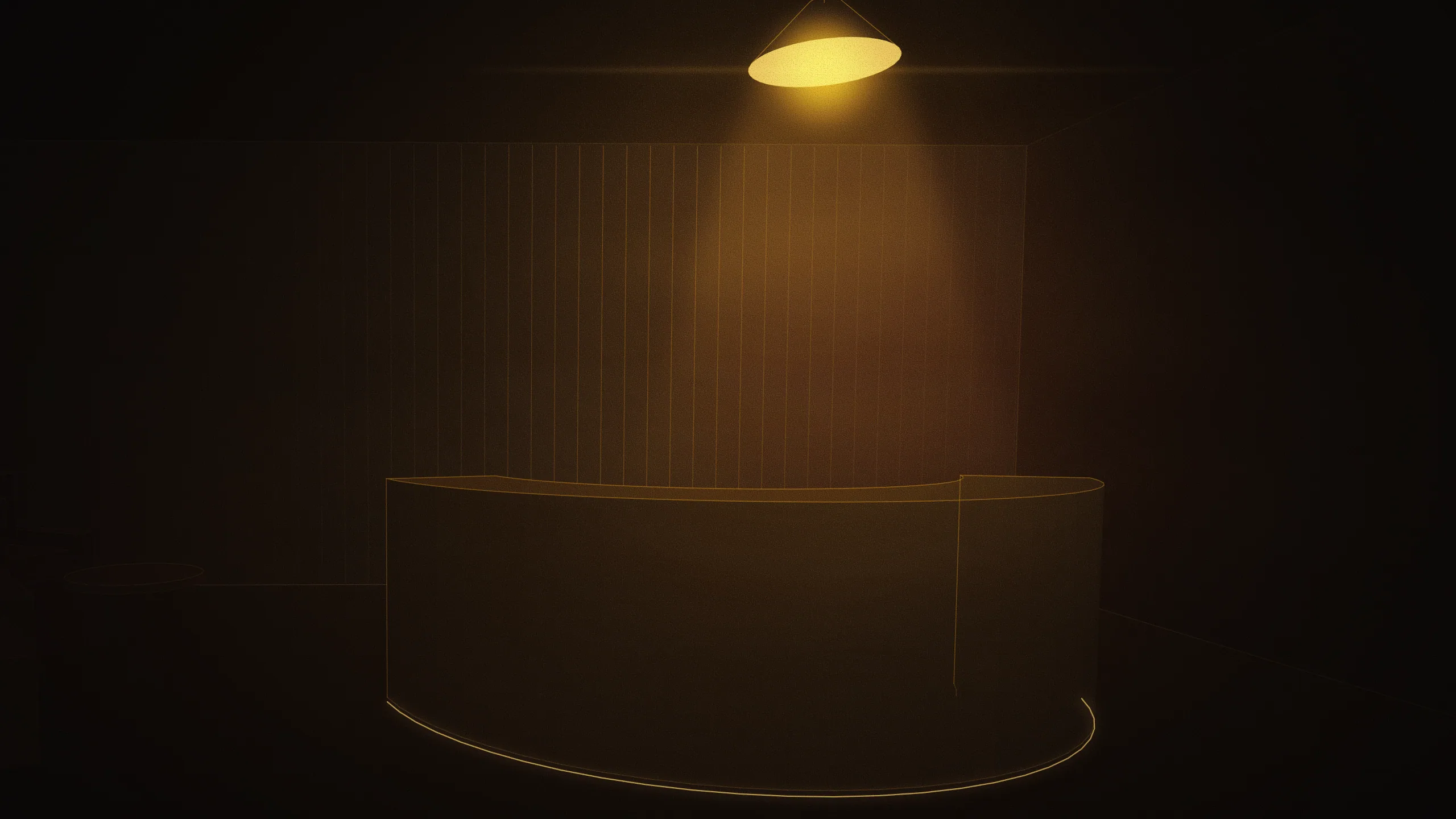 Concept illustration of the planned reception & counselling lounge: a low curved desk, armchairs around a small table and a single pendant light over warm-toned wood. Drawn as an abstract, warm-lit light study; not a photograph of the centre.