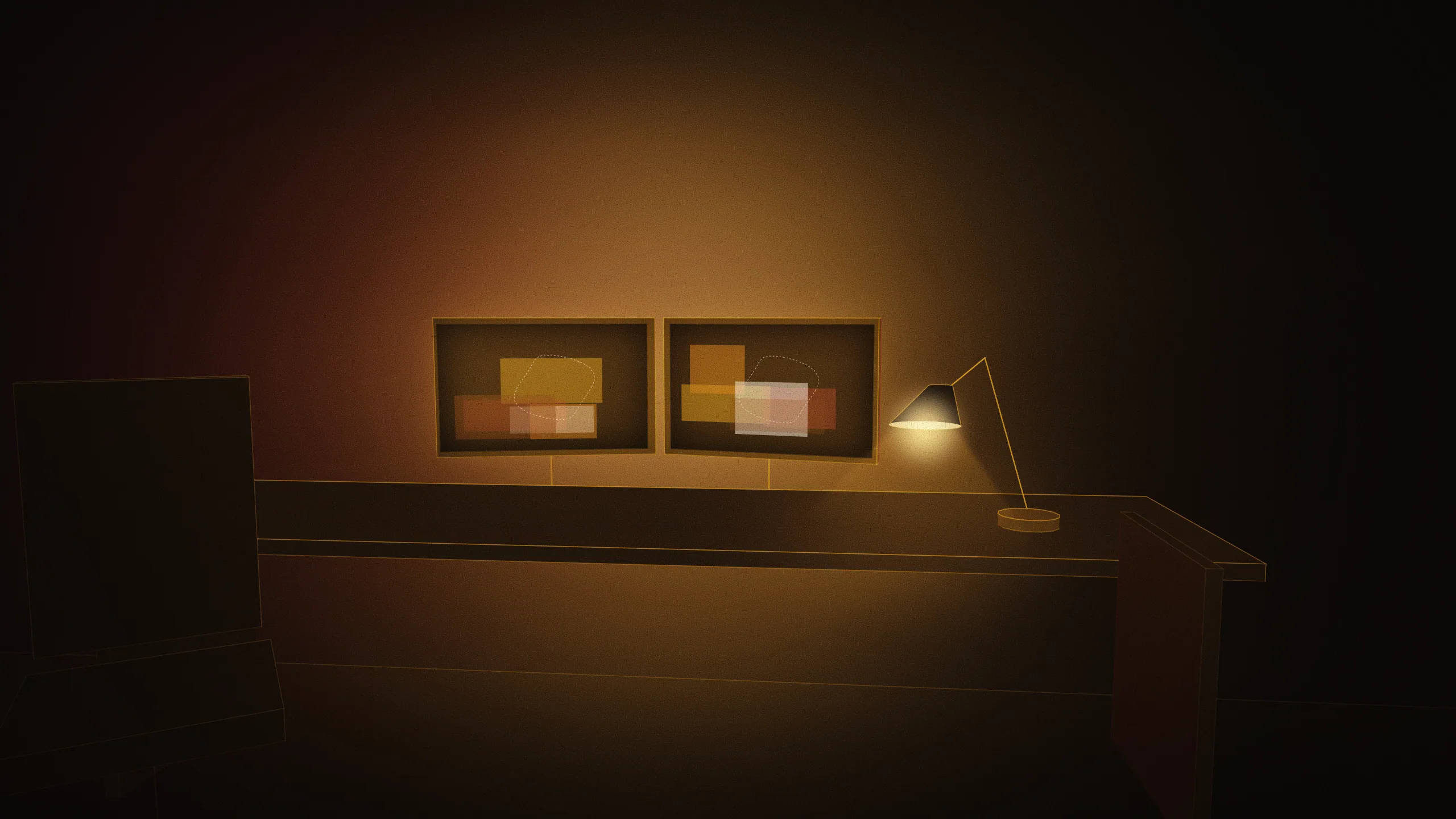 Concept illustration of the planned VFX compositing suite: calibrated dual monitors showing abstract layered colour plates, a bias light glowing behind them. Drawn as an abstract, warm-lit light study; not a photograph of the centre.