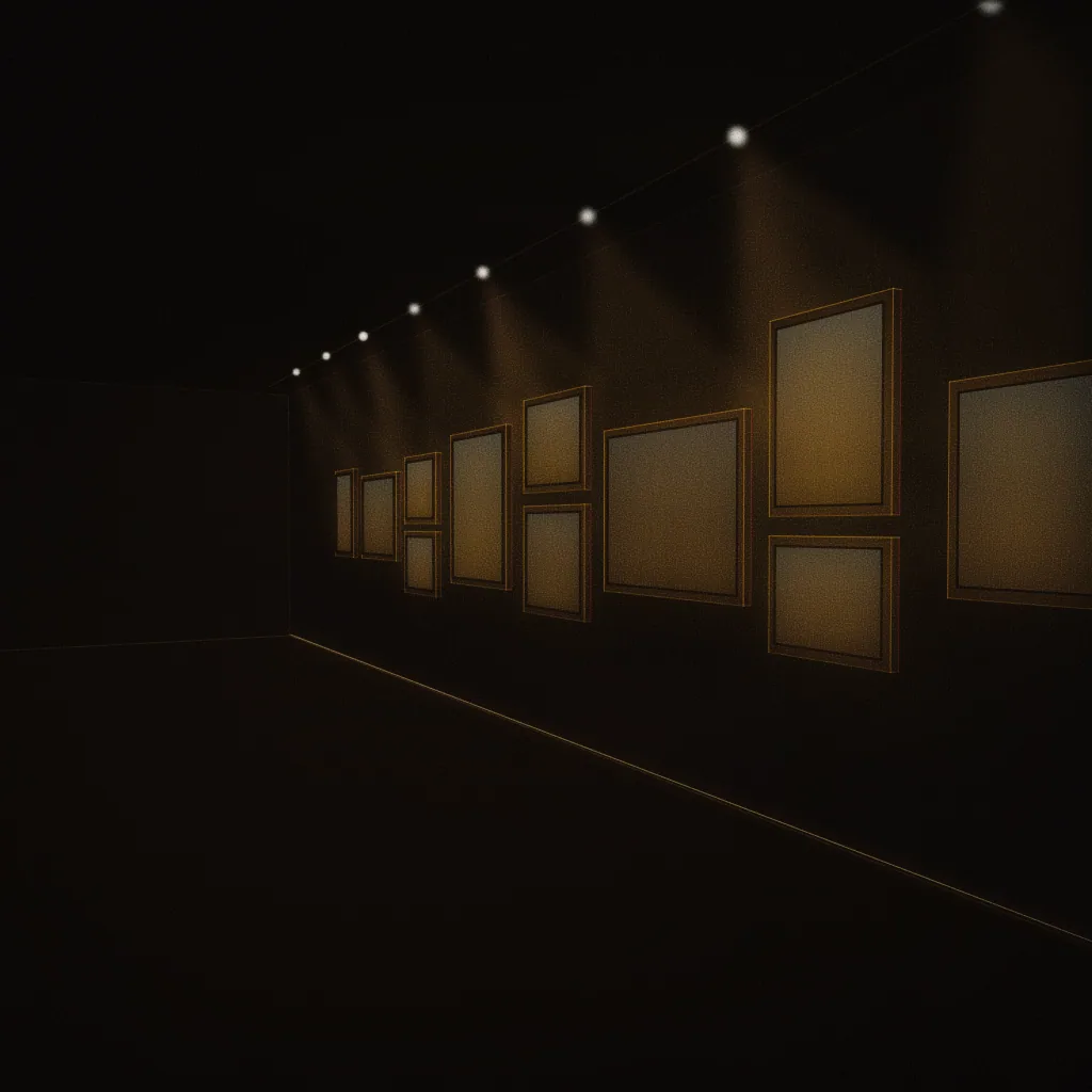Concept illustration of a planned student showcase wall: a wall of empty frames of different sizes, each glowing faintly under track lights. Drawn as an abstract, warm-lit light study; not a photograph of the centre.