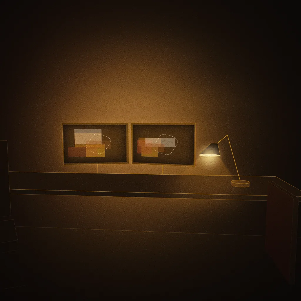 Concept illustration of a planned VFX compositing studio: two monitors showing abstract layered colour plates, a desk lamp and an empty chair. Drawn as an abstract, warm-lit light study; not a photograph of the centre.