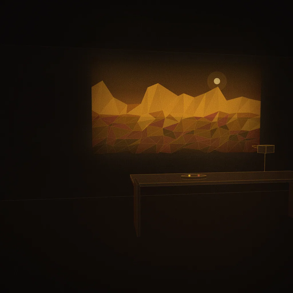 Concept illustration of a planned game design studio: a large screen glowing with an abstract low-poly landscape, a controller and a headset on a desk. Drawn as an abstract, warm-lit light study; not a photograph of the centre.
