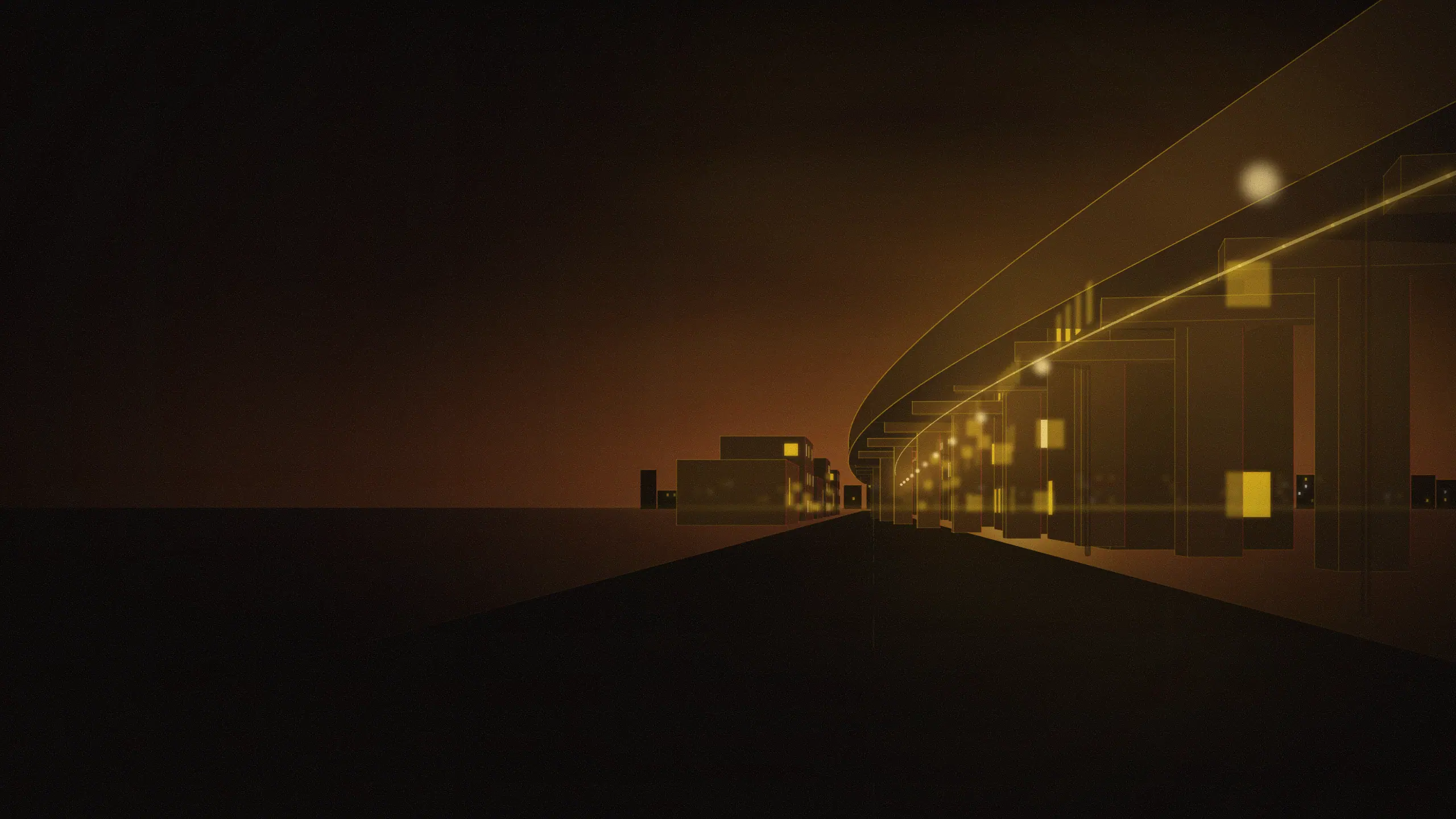 Abstract skyline illustration of Kadugodi: an elevated viaduct curving away over a low-rise street at dusk, its pillars catching warm light. Generic shapes and light, not a photograph of the area.
