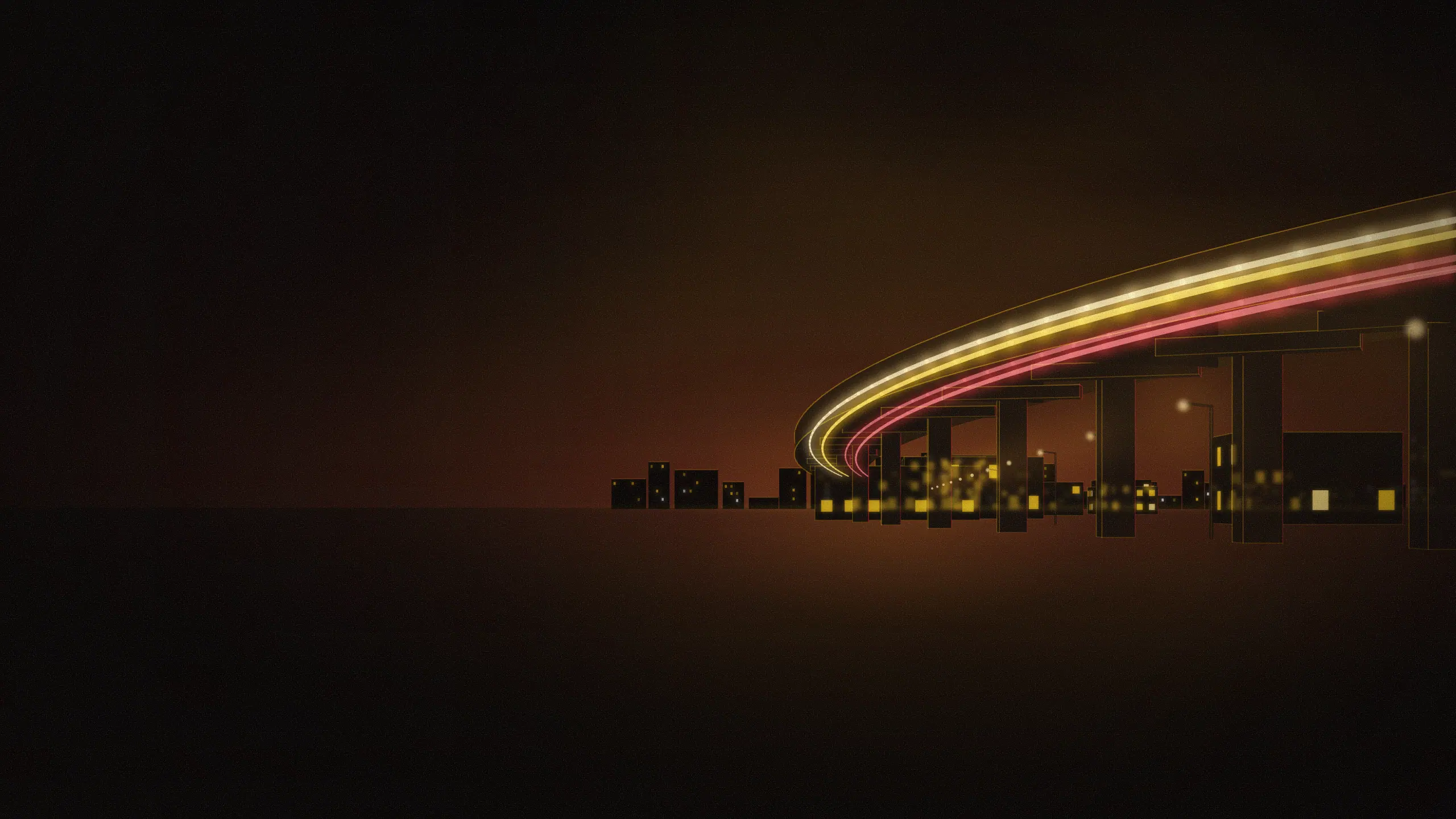 Abstract skyline illustration of Marathahalli: a raised flyover sweeping across the frame at night, traffic reduced to ribbons of light, low buildings in silhouette below. Generic shapes and light, not a photograph of the area.