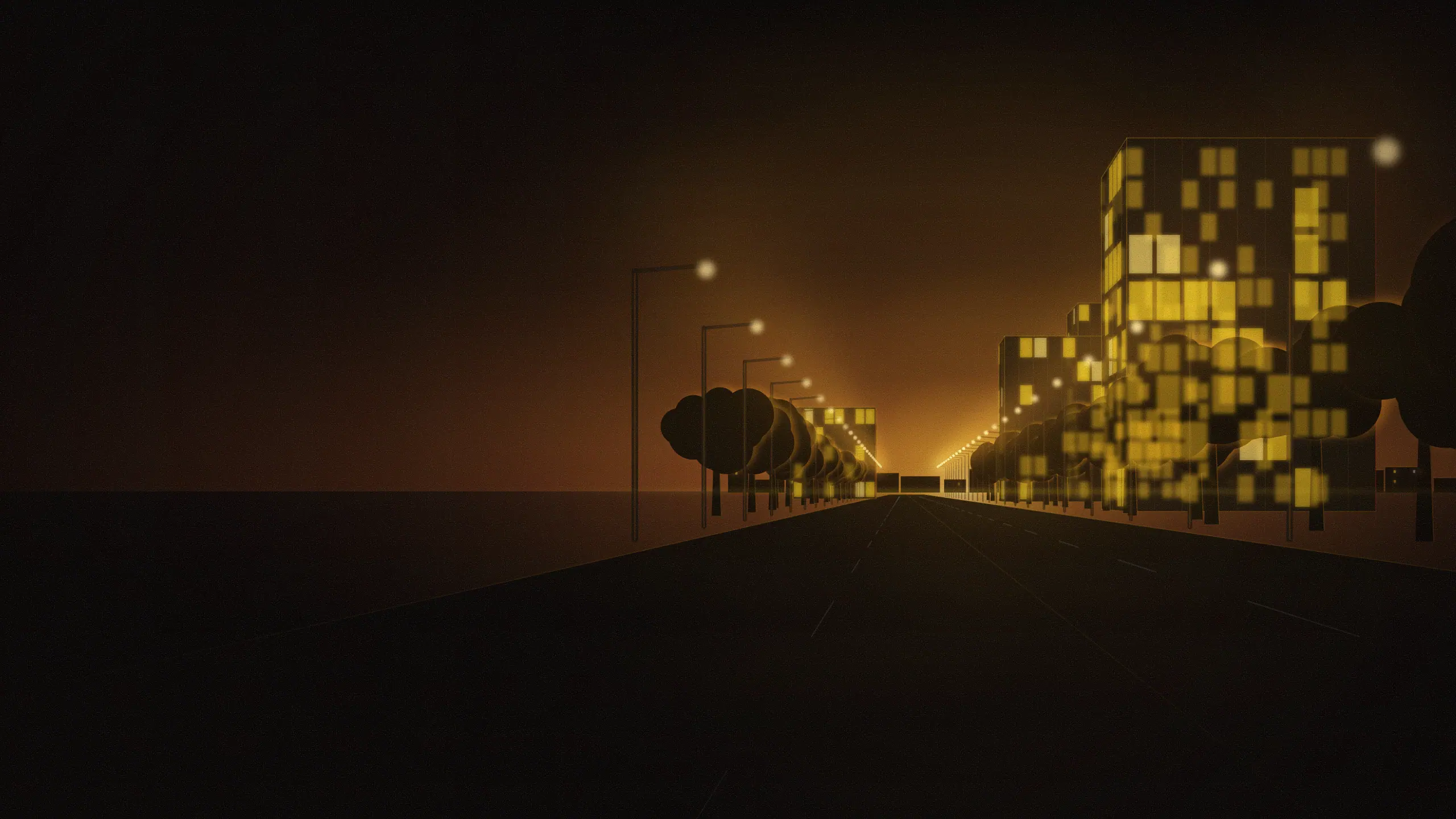 Abstract skyline illustration of Whitefield: a broad tree-lined road at dusk under sodium street lights, glass office blocks set back behind it and a low gold horizon. Generic shapes and light, not a photograph of the area.