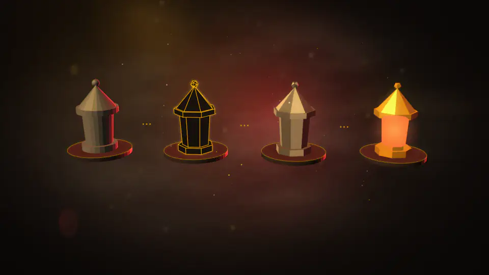 One lantern prop in four stages on turntables: smooth sculpt, low-poly wireframe, checker-mapped, and finished gold with glowing glass.