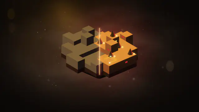An isometric floating level, half grey blockout with pale glass navigation volumes and half dressed and lit, with a gold path pulse.