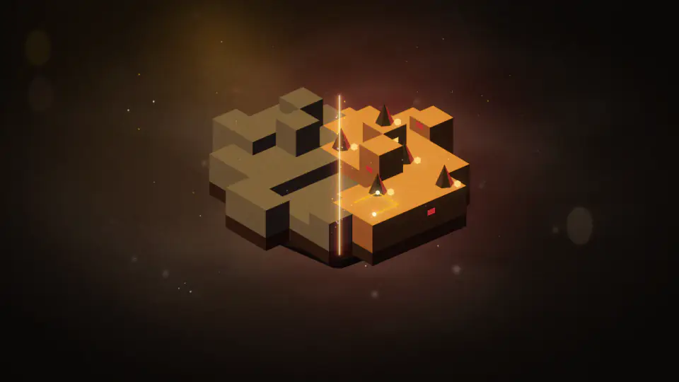 An isometric floating level, half grey blockout with pale glass navigation volumes and half dressed and lit, with a gold path pulse.
