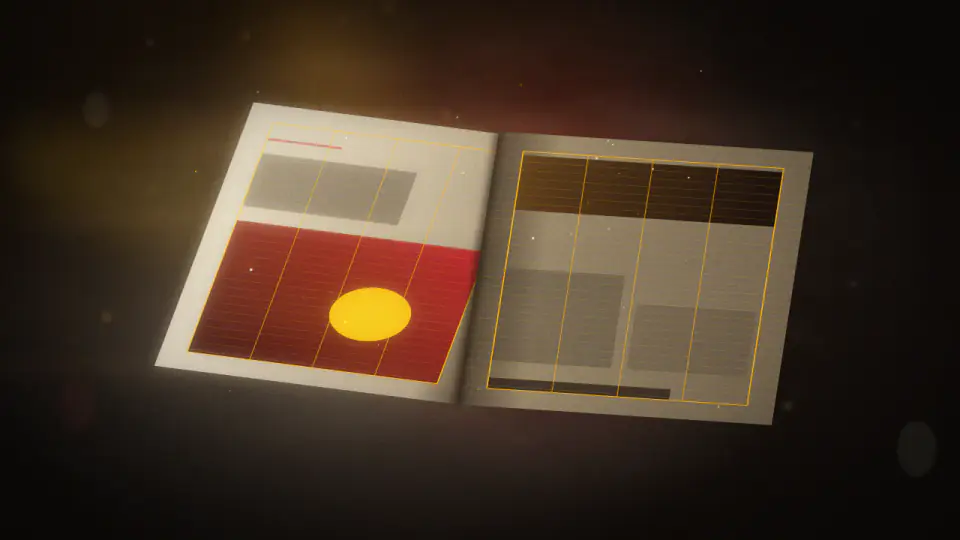 An open printed spread in raking warm light with a fine gold baseline grid and column guides drawn over it.