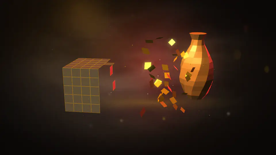 A plain grey cube breaking into gold shards that stream across into a finished faceted bronze vase.