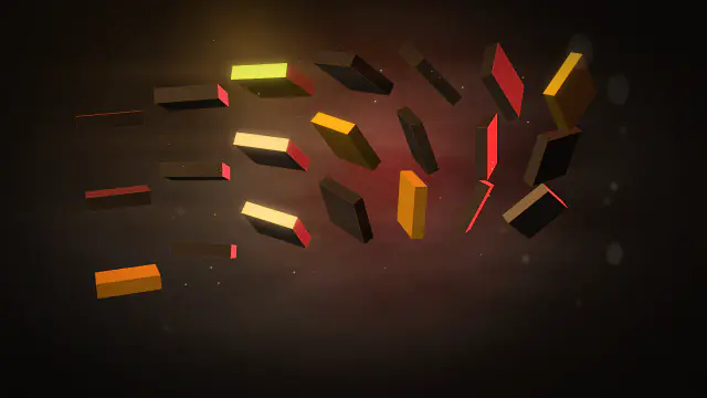 A cloned array of extruded geometric slabs tumbling in formation, lit gold from above and crimson behind.