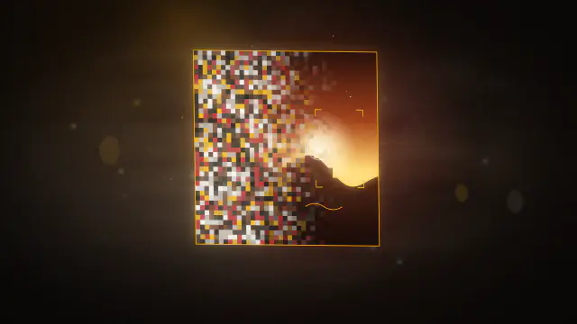 An image tile half dissolved into coloured noise and half resolved into a sunset scene, with fine correction marks.