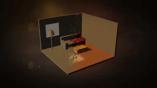 An abstract interior corner dissolving from untextured clay into a warmly lit, furnished visual.