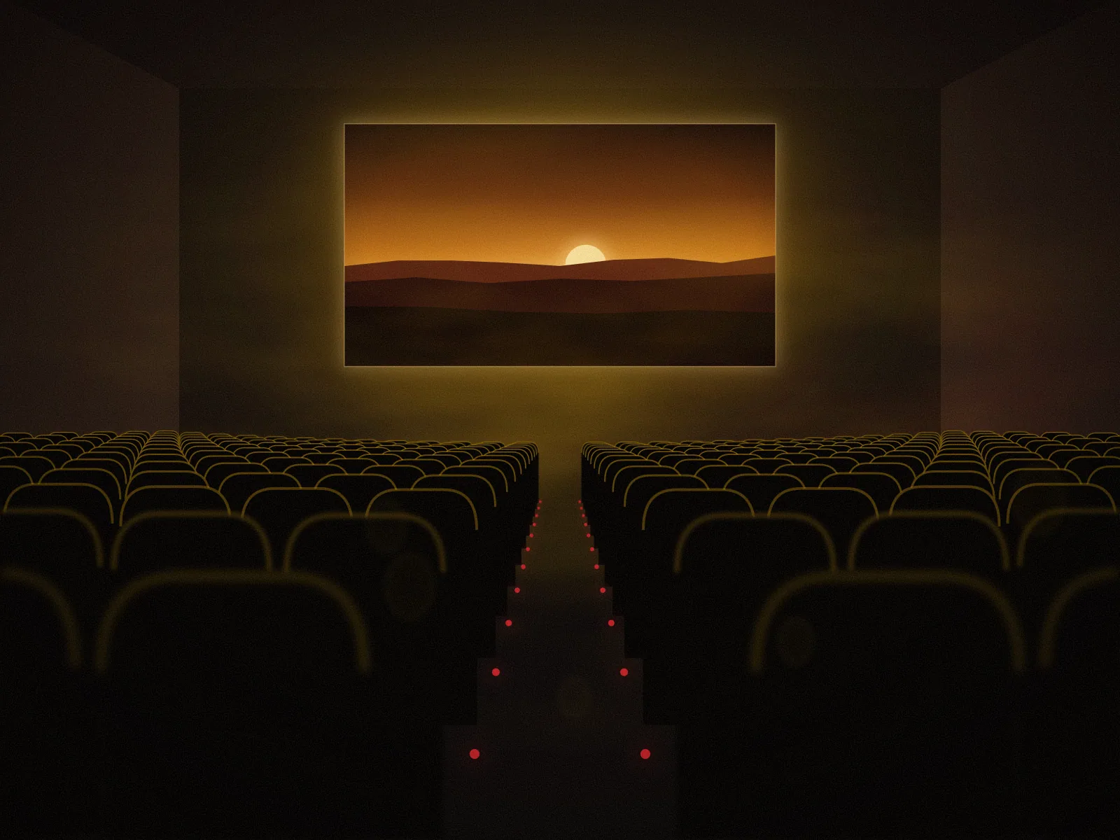 Abstract illustration of a dark auditorium seen from the back, rows of empty seats in silhouette facing a single glowing projected rectangle.