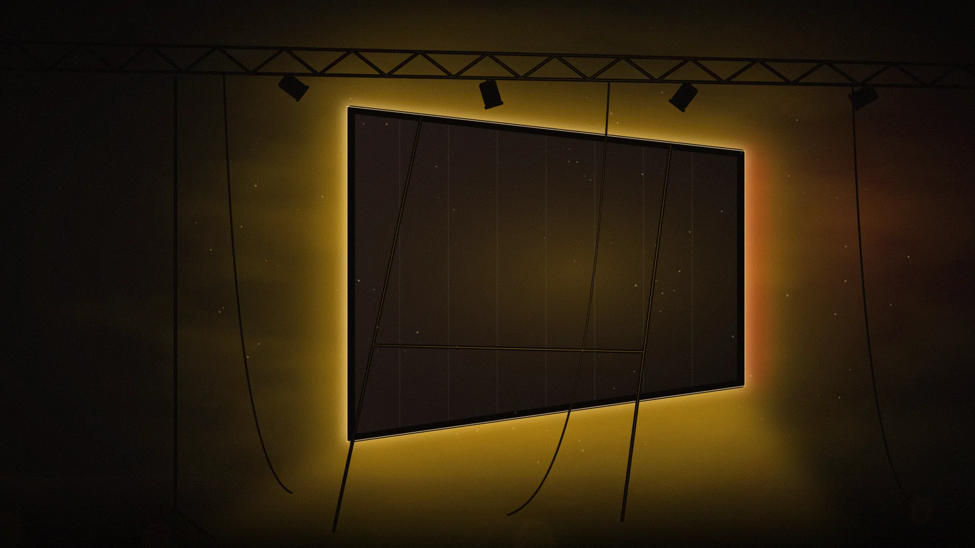 Abstract illustration of a screen seen from behind, its light spilling round the edges and picking out the truss, lamps and cables in a dark room.