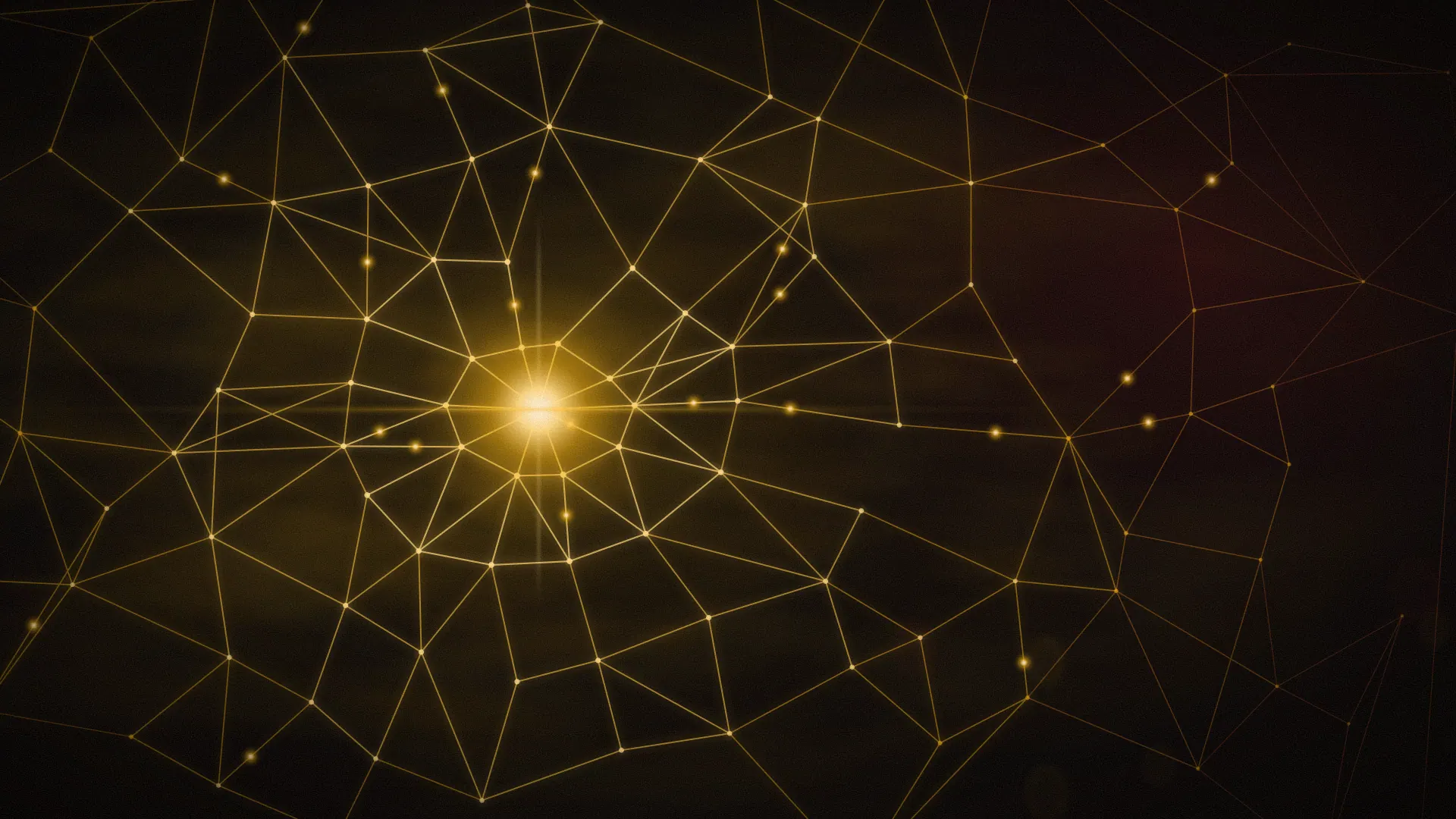 Abstract illustration of a single bright point radiating outward into a lattice of connected gold and crimson lines.
