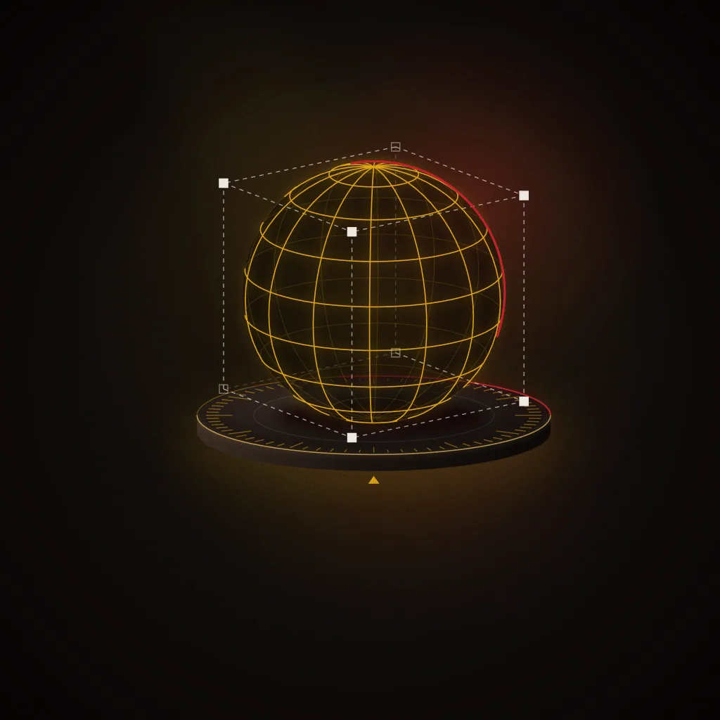 Sample brief illustration for 3D Animation: a subdivision cage: a dashed cube of control points around a smooth wireframe sphere on a turntable. Not student work.