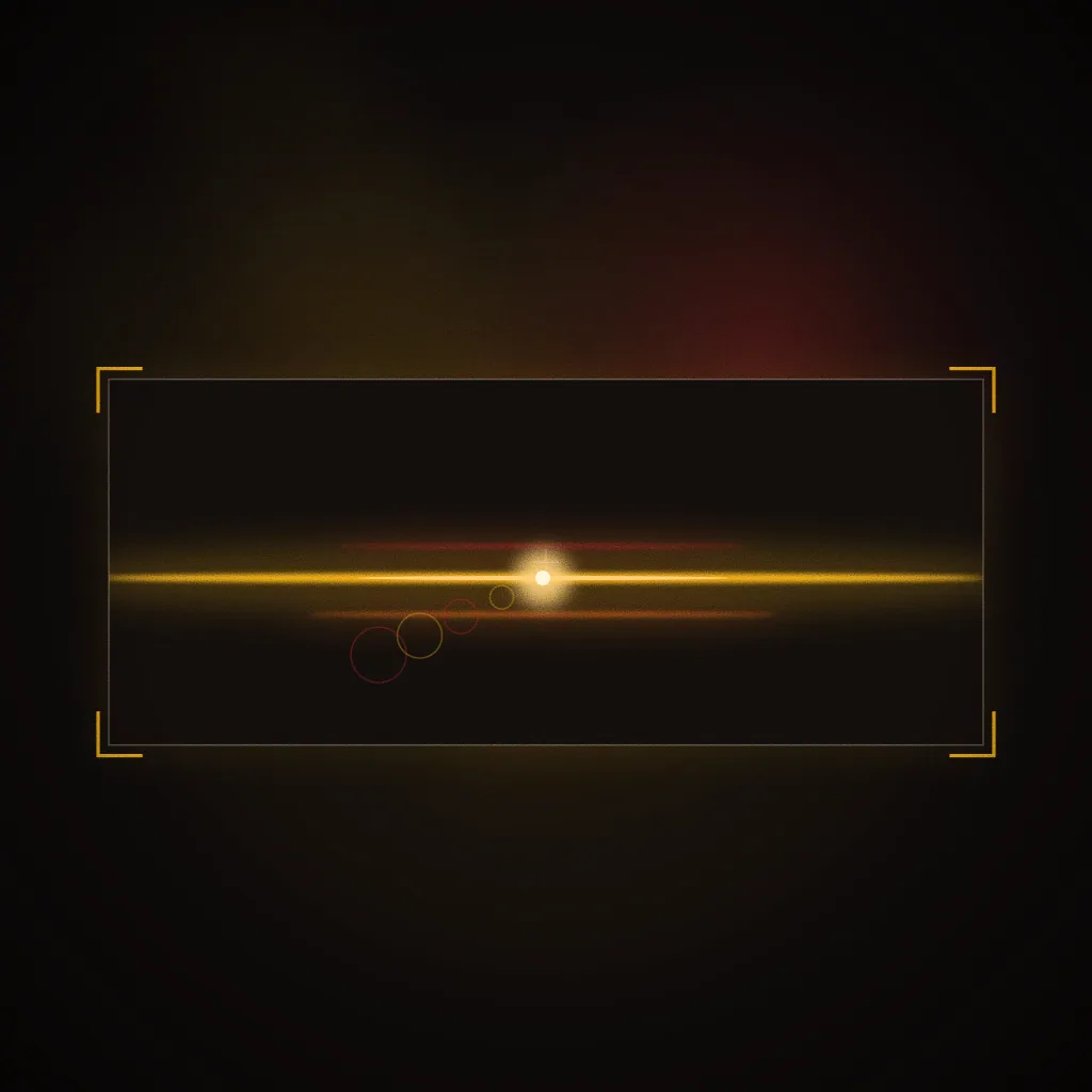 Sample brief illustration for Filmmaking: a widescreen frame guide holding a single anamorphic gold light streak with crimson flare lines. Not student work.