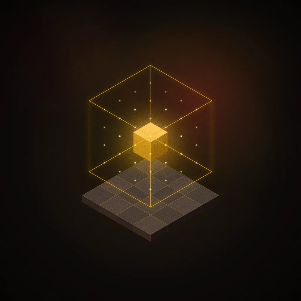 Sample brief illustration for Game Design: a wireframe light-field cube with a glowing core and a lattice of points hovering over an isometric platform. Not student work.