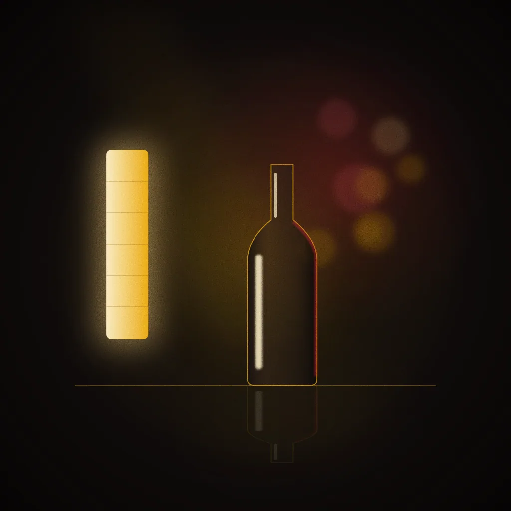 Sample brief illustration for Short-Term & Software: a glass bottle silhouette lit by a single gold softbox, a product lighting study. Not student work.