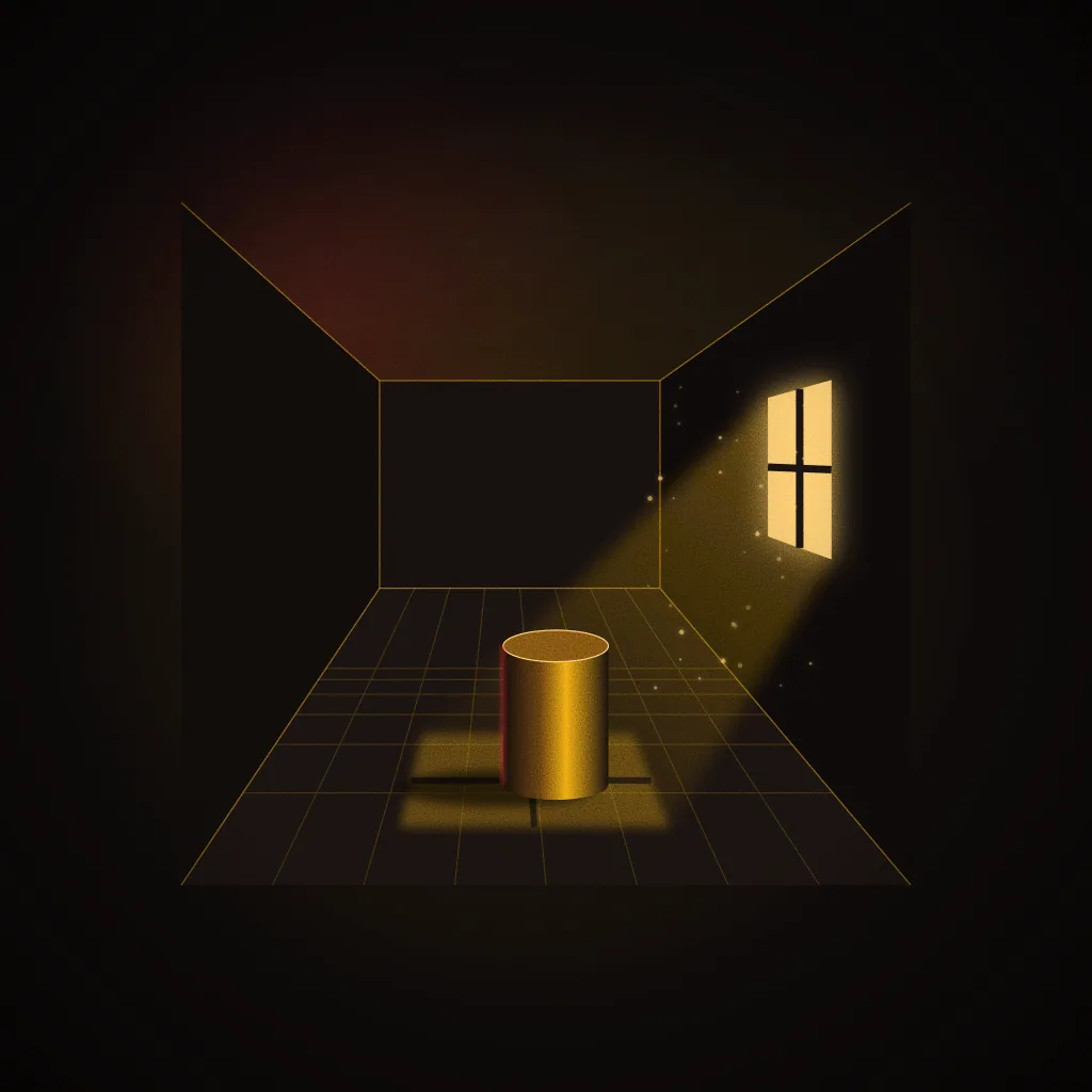 Sample brief illustration for Visual Arts & Design: a four-pane window casting a warm light volume onto a cylinder in a perspective room, drawn in fine gold lines. Not student work.